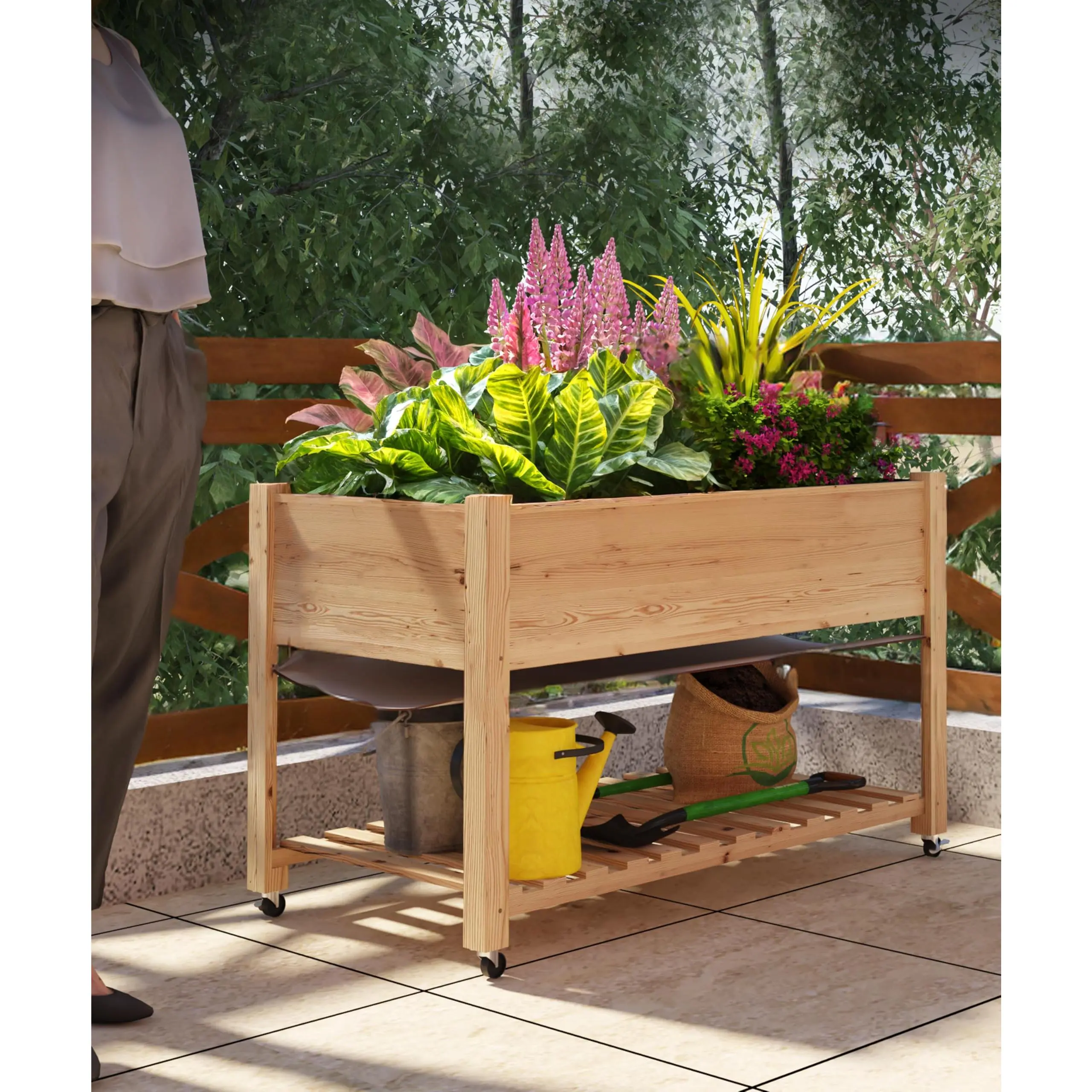 Elevated Wooden Raised Garden Plant Bed with Lockable Wheels, Mobile Planter Box with Storage Shelf & Fabric Liner, Outdoor Growing Stand for Herbs, Vegetables and Flowers on Patio