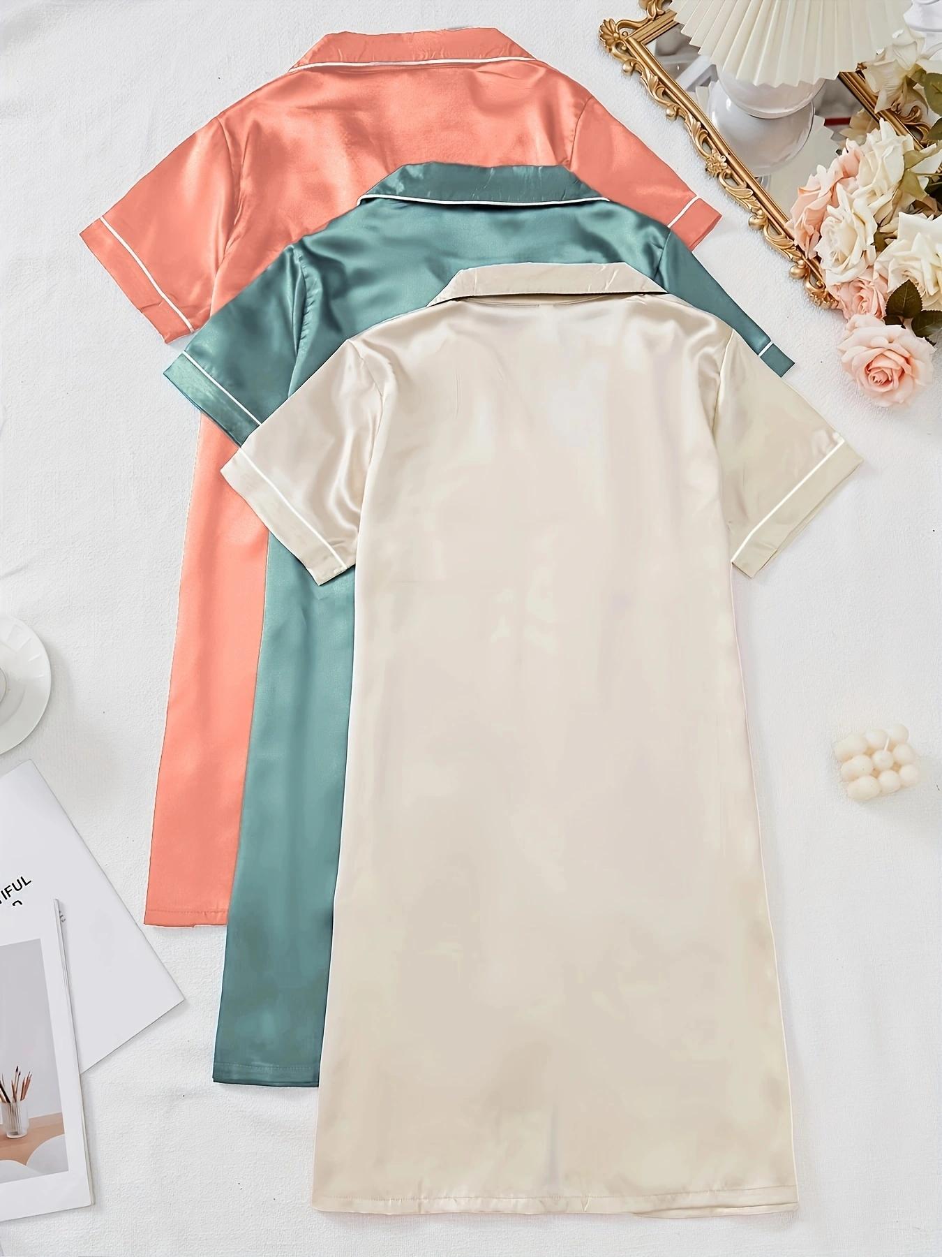 Women's Contrast Binding Button Front Satin Pyjama Dress, Soft Basic Casual Comfy Short Sleeve Lapel Neck Pocket Nightdress, Ladies Sleepwear for All Seasons, Lounge Pajama Style, Pajamas, Loungewear, Homewear