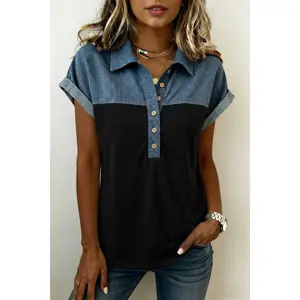 Black Color Block Denim Patchwork Button Polo Collar Short Sleeve Top