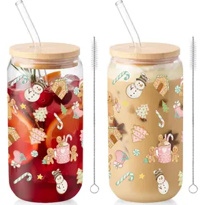2 count Gingerbread Glass Cups Summer Christmas Tumbler with Lid Straw Xmas Drinking Glasses 16 oz Iced Coffee Cup with Cleaning Brush  Can Tumbler Cute Holiday Gifts