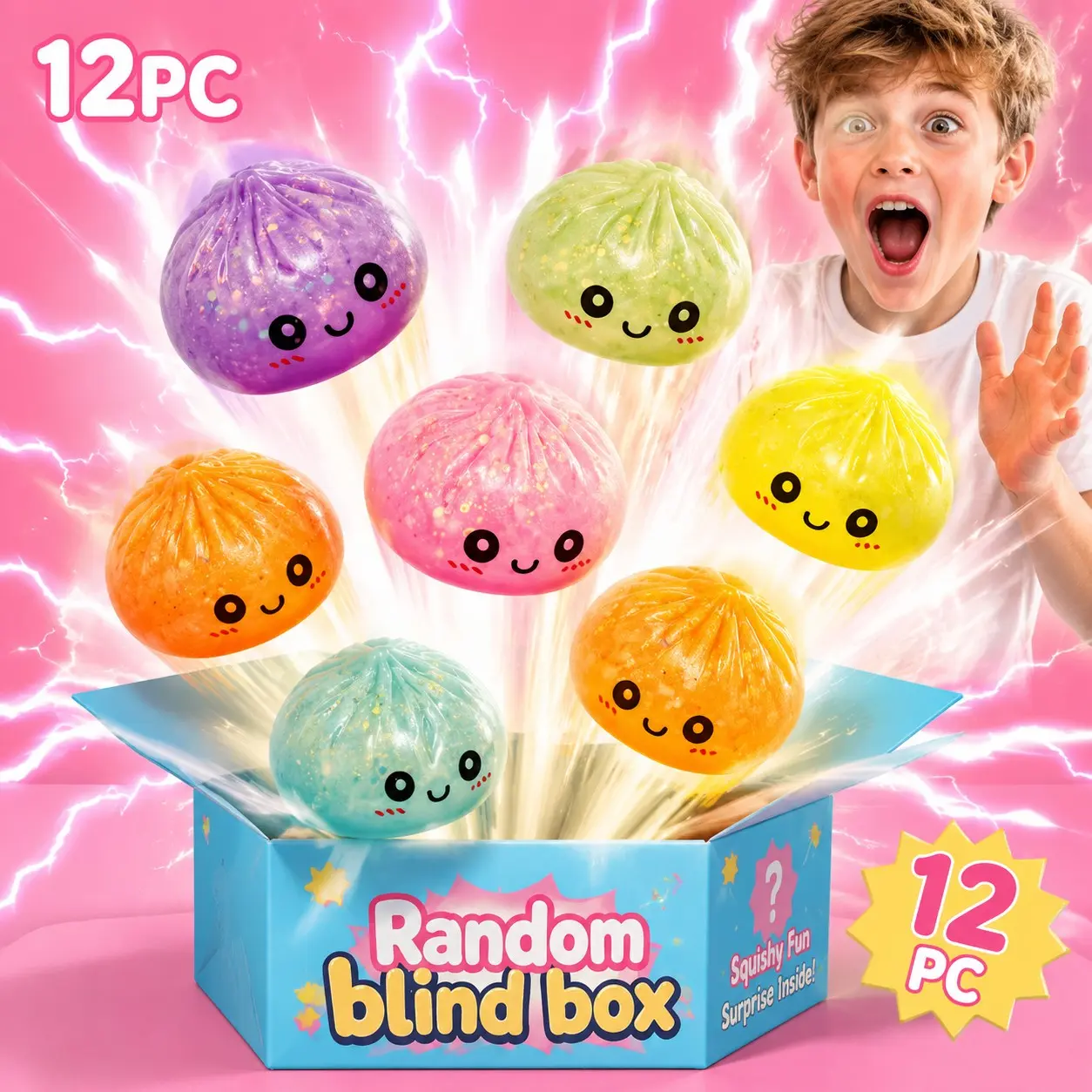 Pack of 12 Sparkly Glitter Dumpling Blind Box Set with Gift Box, Soft TPR Calming Squeeze Toy for ASMR Fun, Tiny Kawaii Aesthetic Desk Accessory, Nice Gift Swap Souvenir & Daily Anxiety Relief Toy