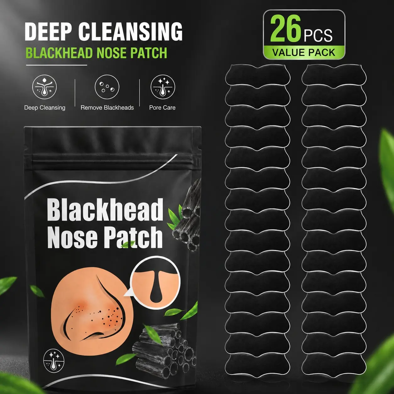 26Pcs Black Nose Patch Value Pack, Soft Flexible Nose Care Strips with a Comfortable Fit for Daily Beauty Routines, Makeup Prep, Gym Bags, Business Trips, Hotel Stays, Girls’ Nights, Party Favors and Seasonal Gift Sets
