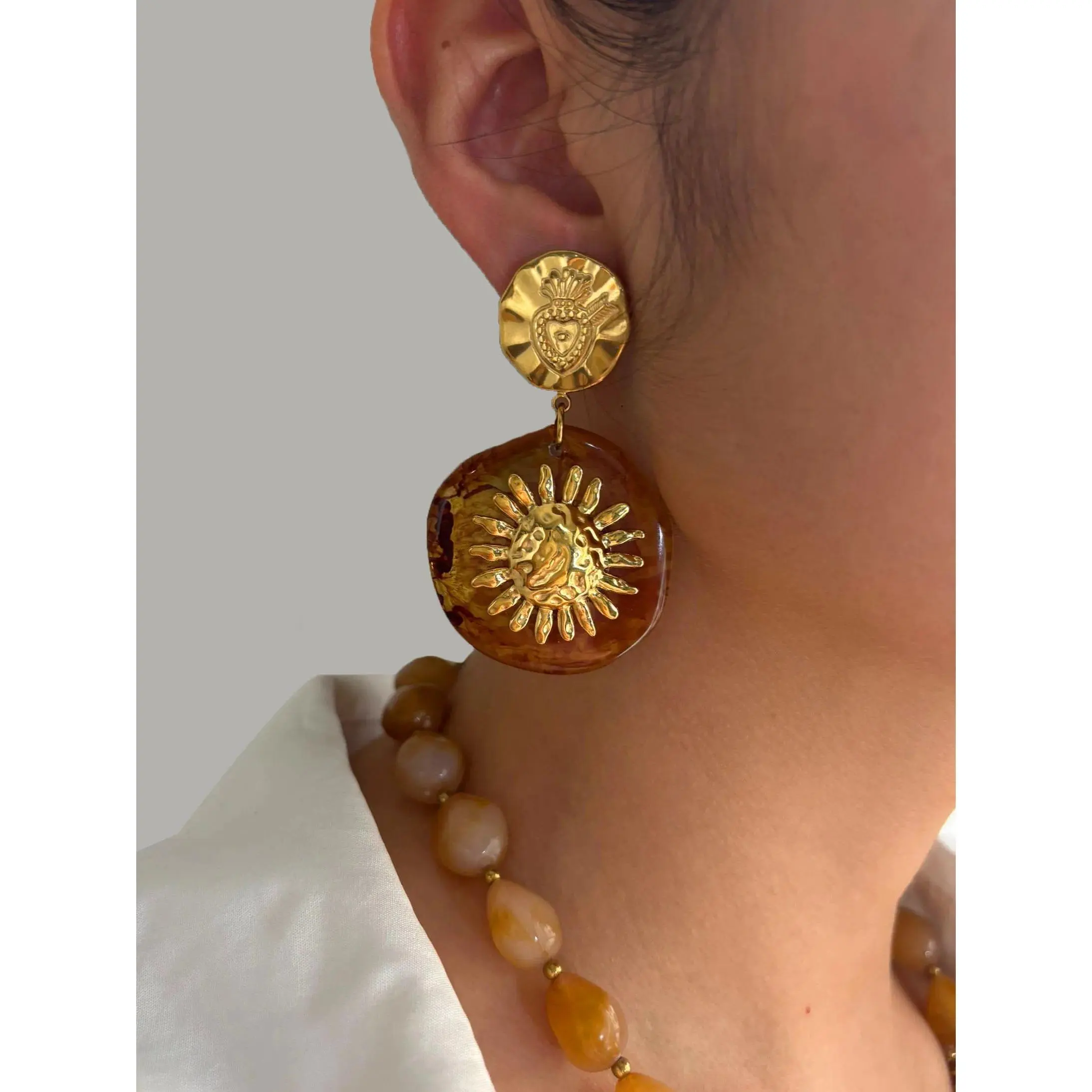 GHIDBK Vintage Trendy Amber Resin Golden Sun Round Drop Earrings for Women Unique Stainless Steel Party Daily Jewelry Waterproof