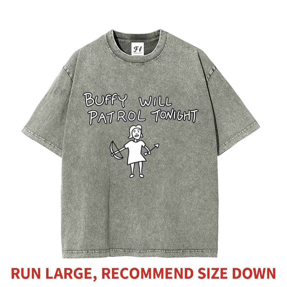 Women's Short-Sleeve Casual Stylish Tops, Buffy Will Patrol Tonight Funny Stick Figure Archer Girl Pure Cotton Vintage Washed Heavyweight Boxy Oversized Graphic Tee, Shortsleeve