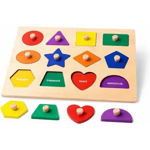 Wooden Shape Peg Puzzle Board, Educational Geometric Learning Board with Knobs, Multicolor Basic Shapesfidget toys