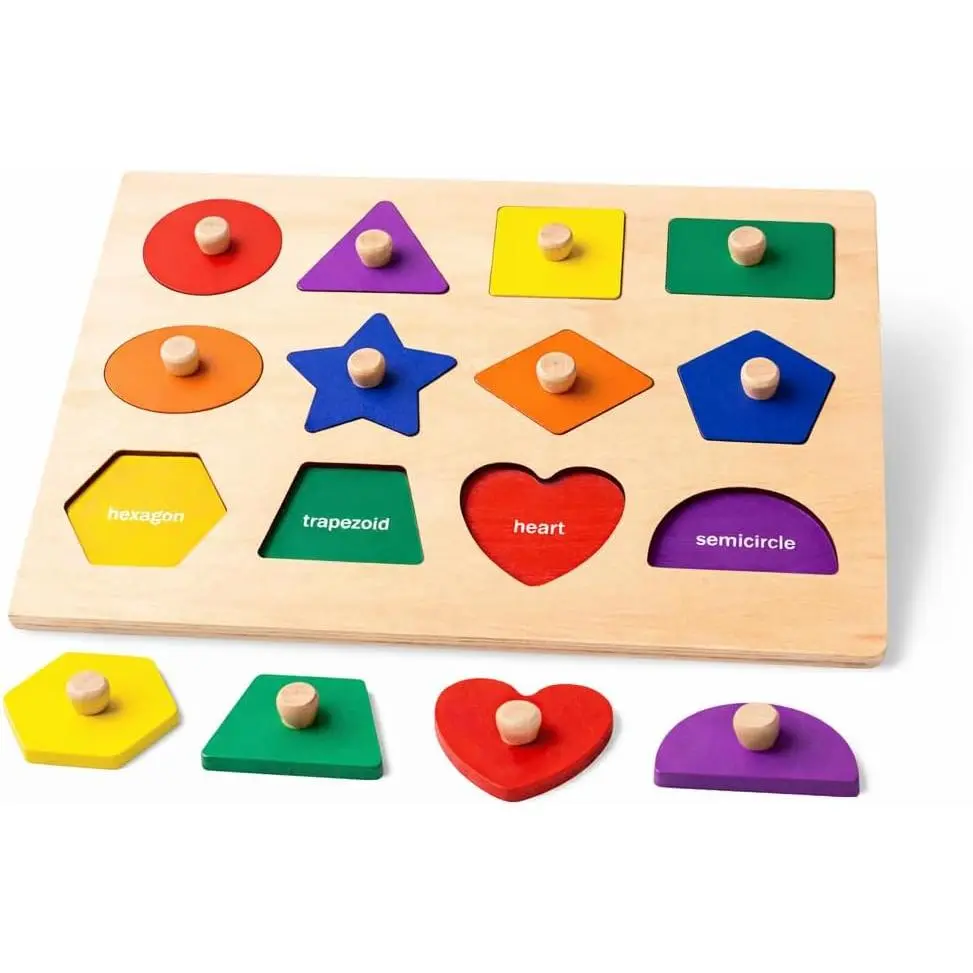 Wooden Shape Peg Puzzle Board, Educational Geometric Learning Board with Knobs, Multicolor Basic Shapesfidget toys