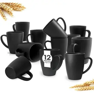 12 Pack Wheat Straw Cups with Handle,Plastic 13.5 oz Squircle Mugs,  Unbreakable Drinking Water Tumblers for Adults, , Coffee, Camping,RV, Dishwasher Safe, Black