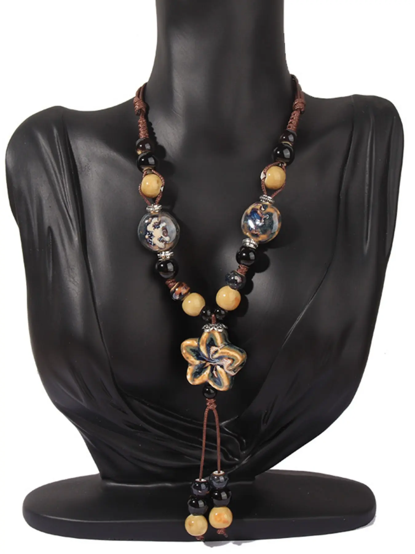 Women's Vintage Ceramic Necklace, Long Bohemian Floral Pendant, Handmade Ethnic Jewelry, Fashionable Casual Accessory, Trendy Boho Style