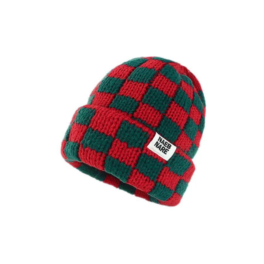 New Japanese Korean Winter Check Plaid Skullies Beanies Knit Hat for Women Ins Luxury Brand Y2k Bonnet Heavy Warm Hat Casual Cap