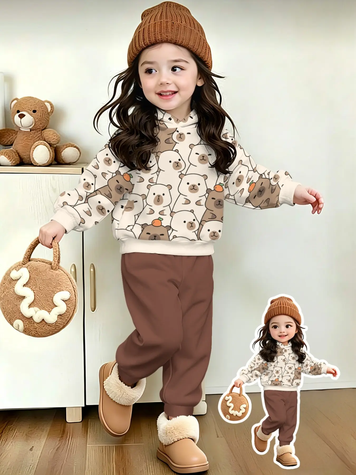 Kapibara Hoodie Set for Girls, Cartoon Print Loose Fit, Casual Fall & Winter, Kids' Daily Wear, Fun and Comfortable