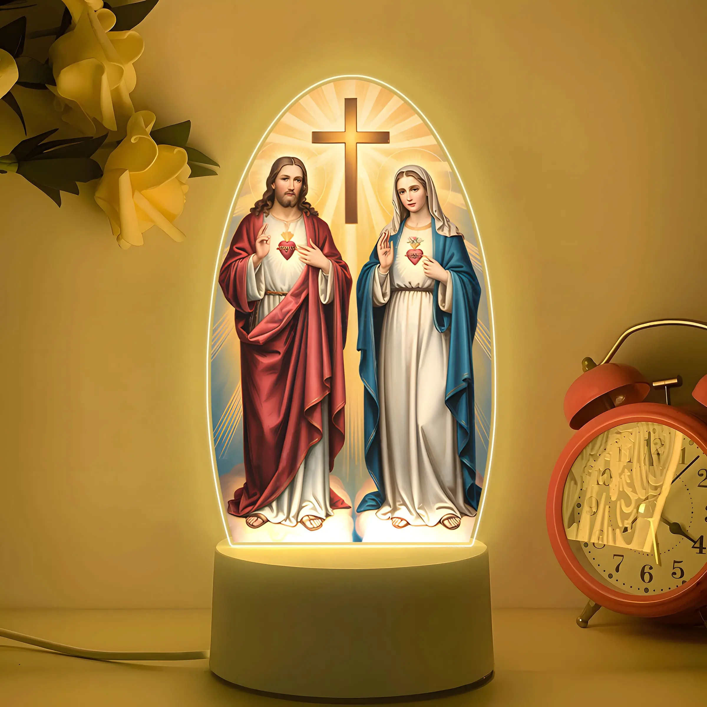 LED Acrylic Night Light with Sacred Heart and Immaculate Heart Cross, USB Powered Desk Lamp, Decorative Led Light, Indoor Decor, Christmas & Easter Gift
