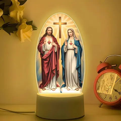 LED Acrylic Night Light with Sacred Heart and Immaculate Heart Cross, USB Powered Desk Lamp, Decorative Led Light, Indoor Decor, Christmas & Easter Gift, Decorative Lights