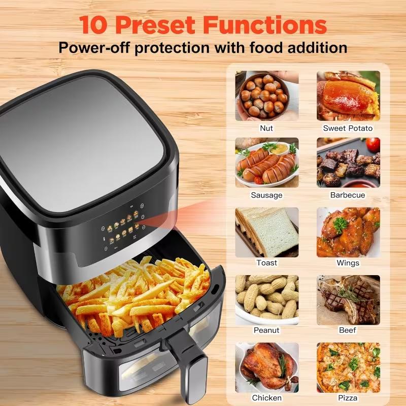 [10-in-1 Air Fryer] 10-in-1 Digital LED Touch Screen Air Fryer, 7.5QT stainless steel material Oilless Cooker with 10 Preset Cookings, Dishwasher-Safe Basket & 20pcs Air Fryer Paper Liners