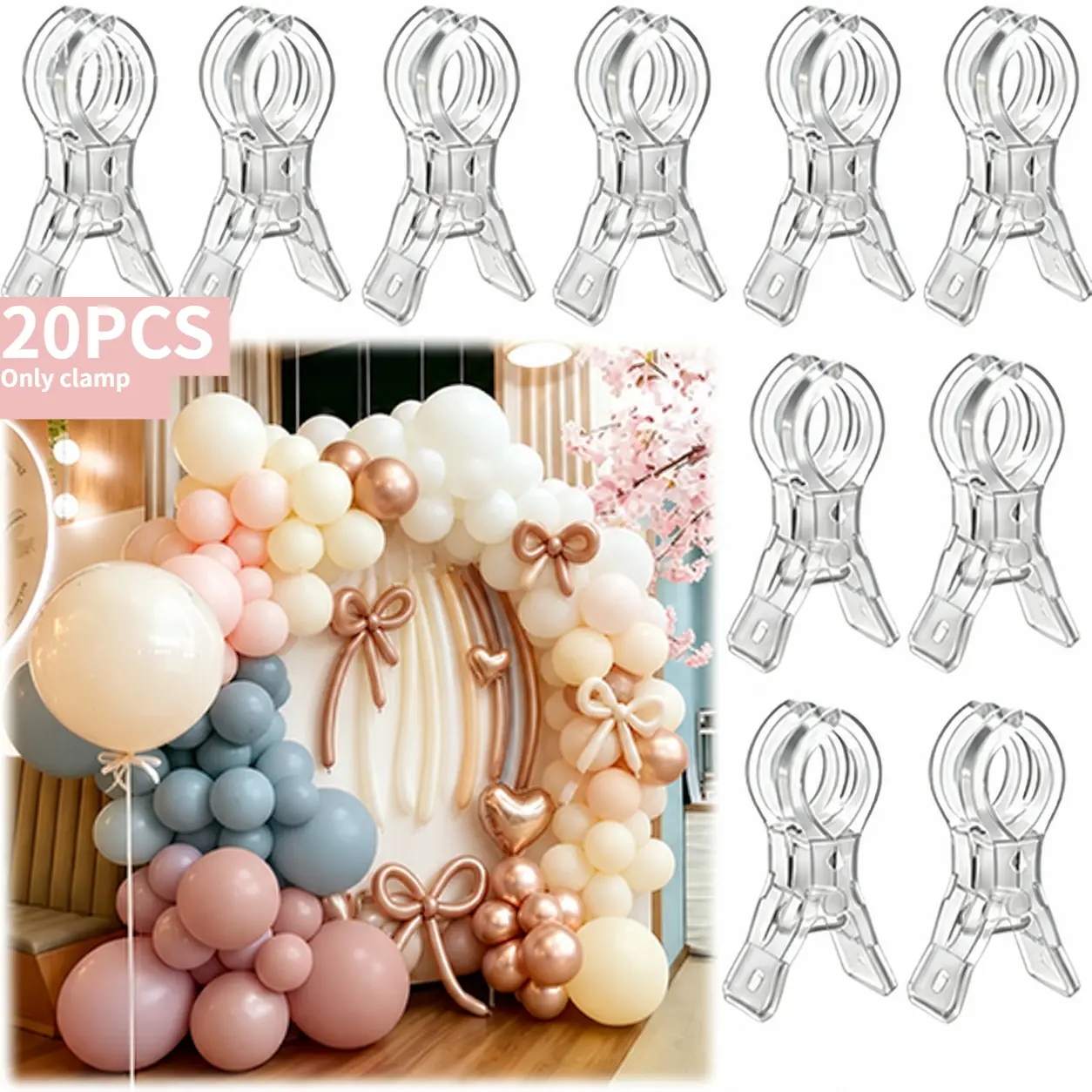 Transparent High-Strength Spring Clips (20 Pieces) Anti-Slip Base High Load Fixation Clips for Party Balloon Arches, Handicraft Woodworking, Photography Backdrop Construction, and Clamping Tools