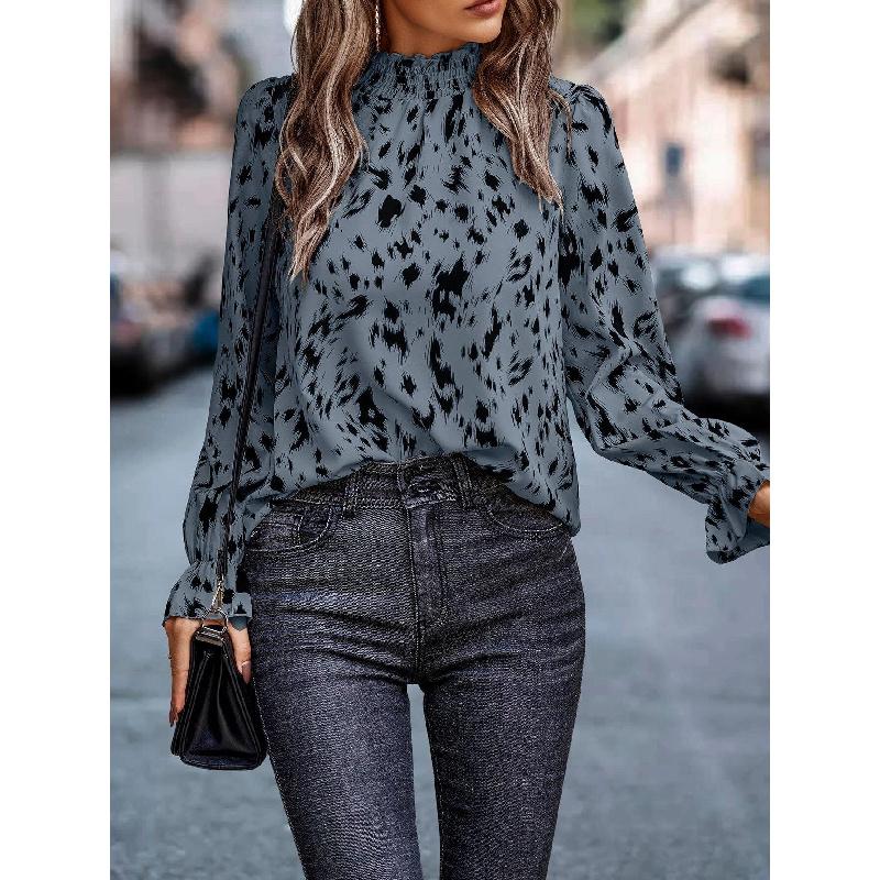 New European and Style Autumn Winter Elegant Polyester Pullover Long Sleeve Half High Collar Loose Fit Women's Shirt