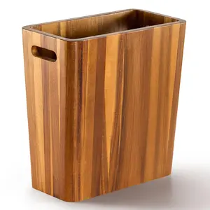 2.6 Gallon Acacia Wooden Bathroom Trash Can, Small Wastebasket with Handle, Decorative Wood Bin for Bedroom, Office or Under Counter Use
