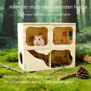 Hamster Two-Layer Small Hideout Sleep Nest, Solid Wood Durable Chew-Resistant Villa, Golden Hamster Hut Decorative Design