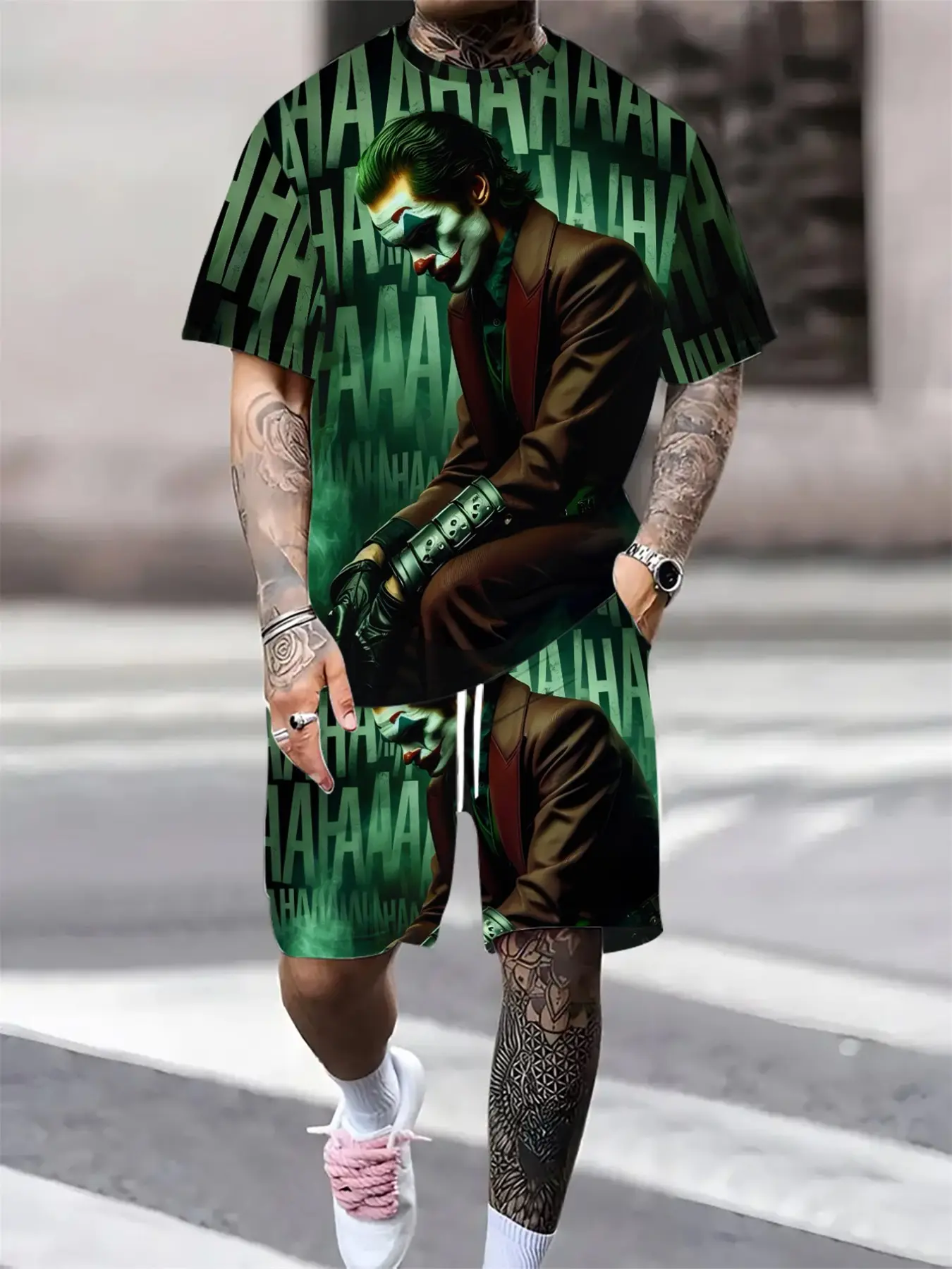 Men's Warner Collaboration Short Sleeved Set, Joker Trendy Print, Casual Comfortable Daily Wear, 2pcs Sports for Summer