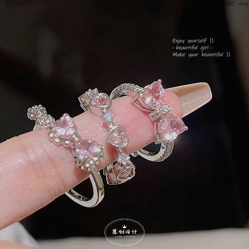 Women's Silver-Plated Adjustable Size Bow Decoration Ring, Sparkling Stones Heart Shape Pink Cubic Zirconia Sweet Style Female Wear Jewelry for Daily, Dating
