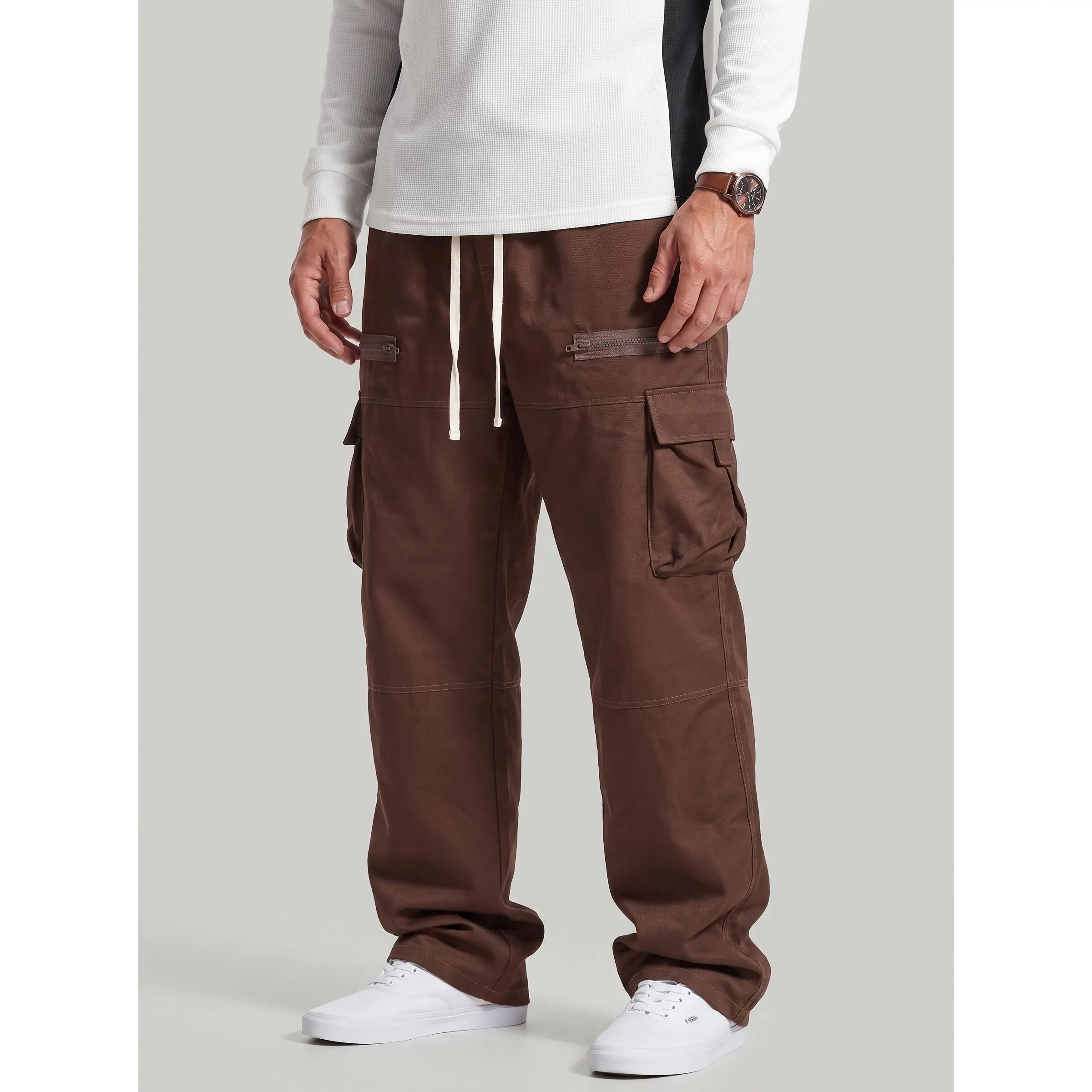 KZZ Men’s Vintage Embroidery Woven Fabric Solid Plain All-Season Versatile Work Pants - Streetwear, High-Street Menswear Bottoms