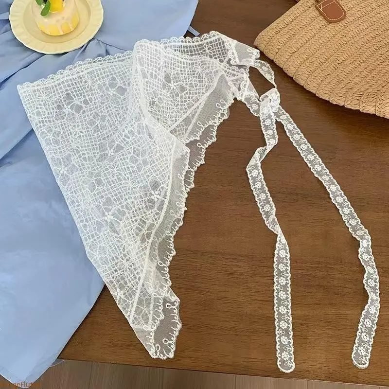 Irregular White Mesh Floral Lace Triangle Puff Pettiskirt For Women, Dual Purpose Multi-Tie Band 2 In 1 Layering Cover Hip Skirt Convertible Headscarf & Waist Wrap Apron, Slimming Peplum Silhouette Y2K Korean Style Outfit Layering Ornament, Versatile Swee
