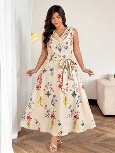 Plus Size V Neck Satin Print Long Dress Summer, a Line Elegant Flowy, Adjustable Waist Belt, Corporate Girlie & Mermaidcore Style, Perfect for Dates, Vacations, Events