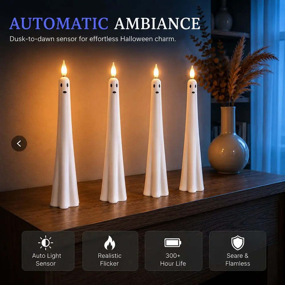 Halloween Ghost Flameless Taper Candles with Sensor, Flickering Battery Operated 3D Wick White Real Wax LED Taper Candles Halloween Dinner Decoration Indoor DIY Halloween