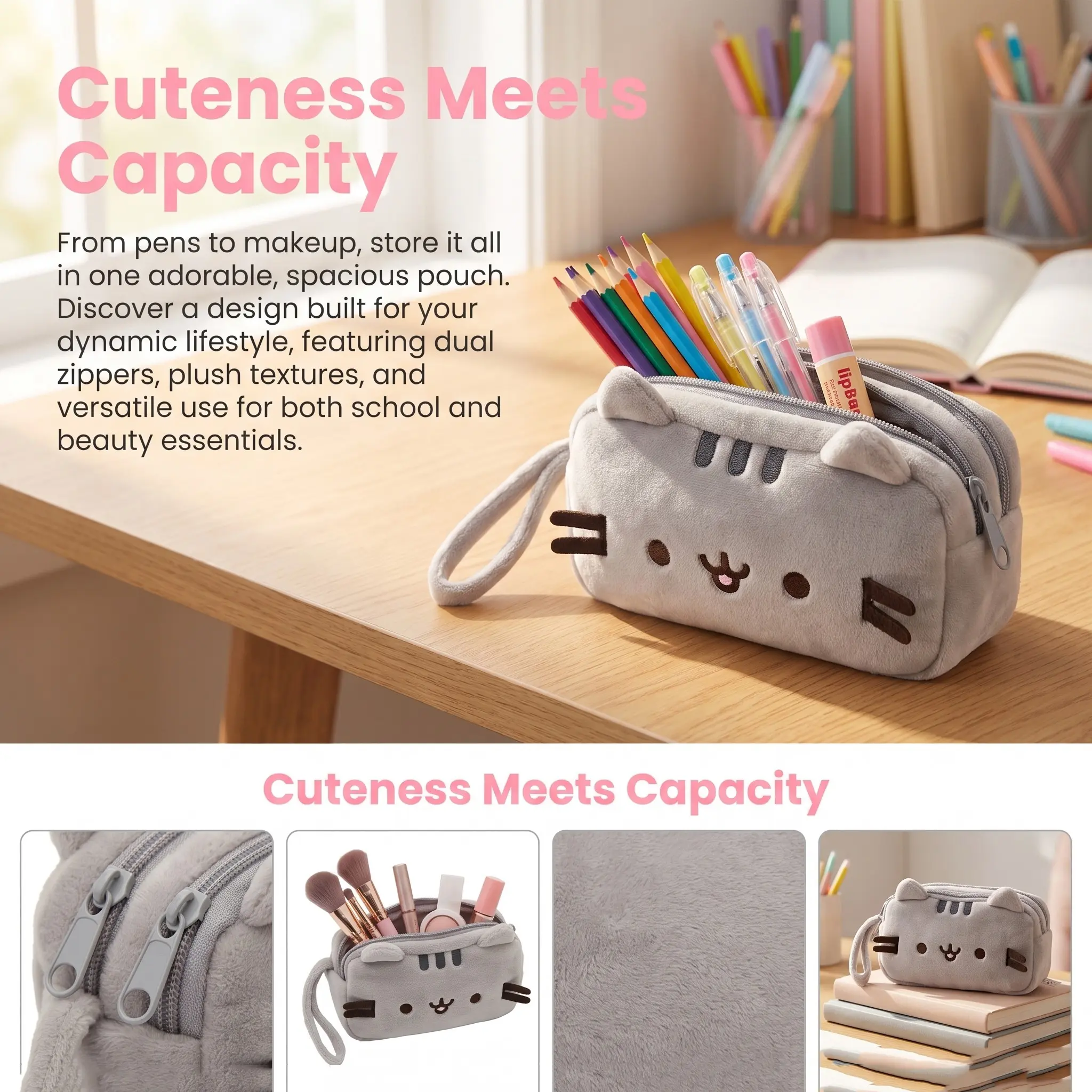 Cute Cartoon Cat Design Pencil Case, 1 Count Soft Plush Pencil Bag, Desk Organizer for Office & School, Classroom Supplies, Stationery Storage Bag