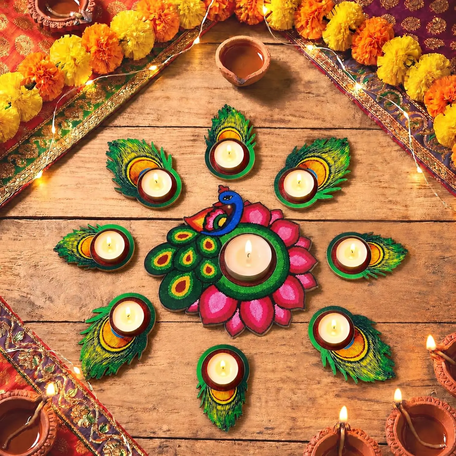 9 count Diwali Peacock Flameless Candle Holders Wooden Diwali Decorations | Indian  Decor, Pooja Diya Traditional Indian  Light Holder, for Puja , Outdoor Party