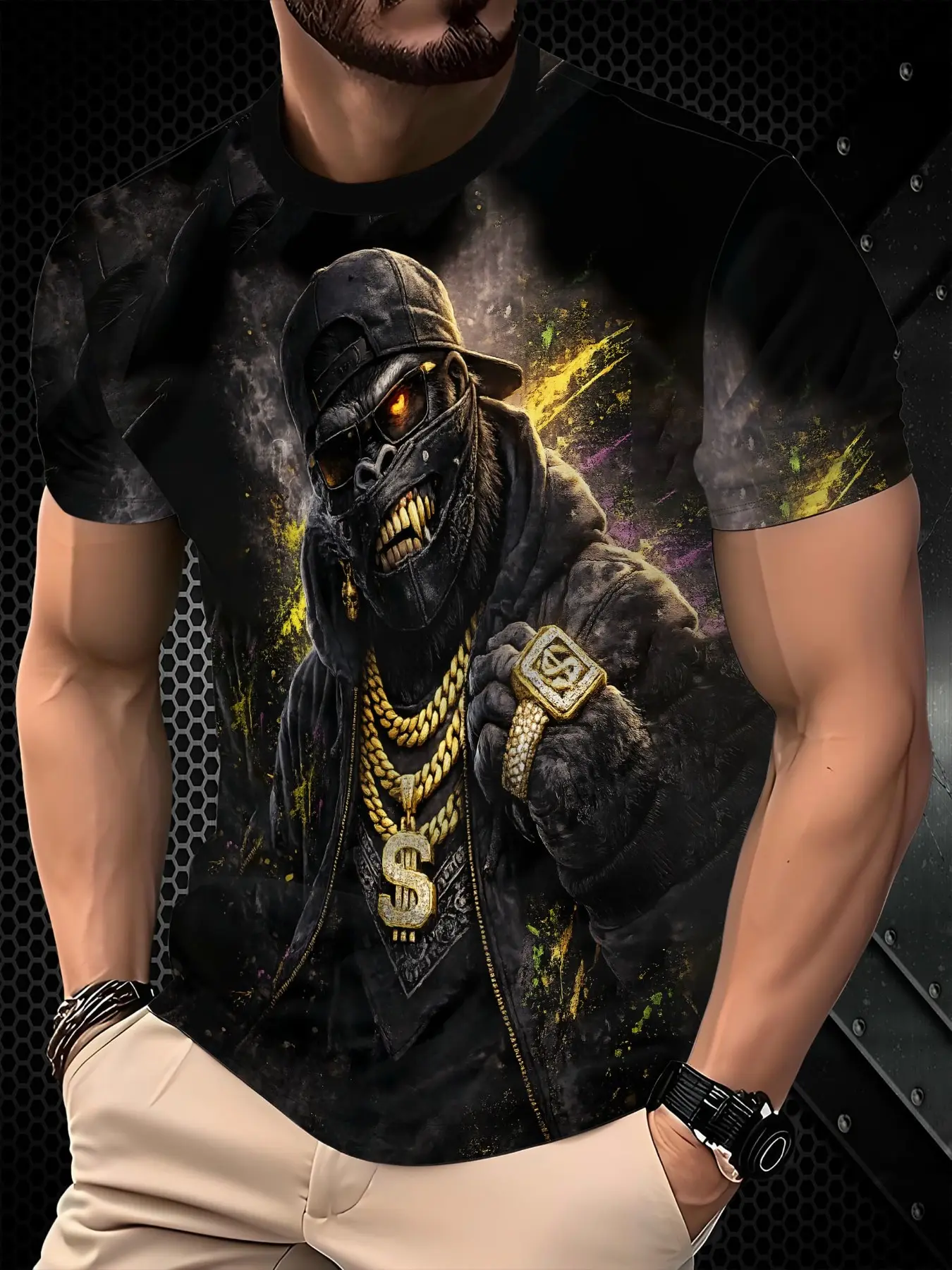 Summer Luxury Sport Ice Silk Quick-Dry Men's T-Shirt, Thin Breathable Loose Half Sleeve, Bold Gorilla Print, Plus Size Outdoor Fitness Top