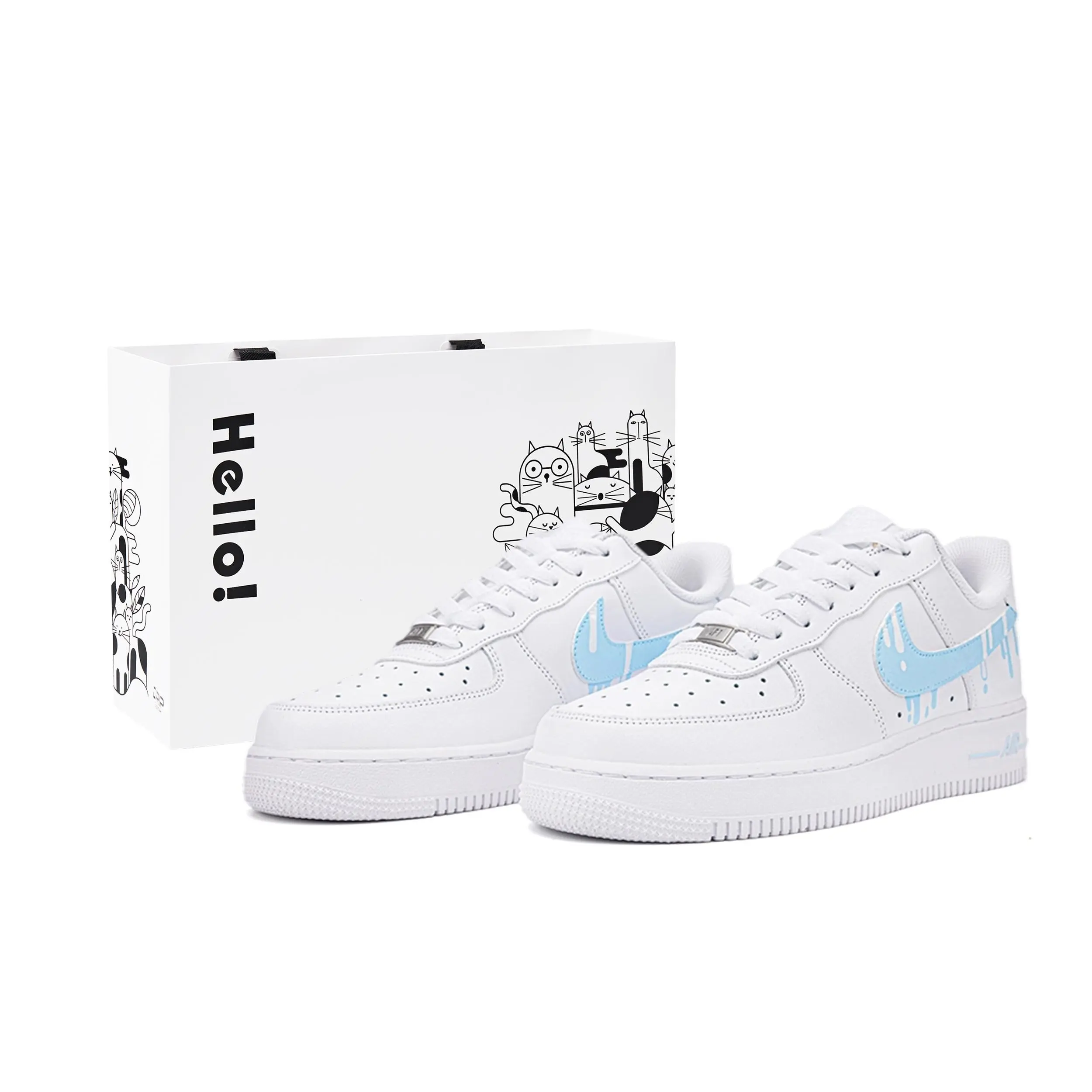 Nike Air Force 1 Hand-Painted Sneakers for Men: Melting Ice Cream Summer Design, Low-Top White and Blue Verifiable, with credentials and supporting global authentication