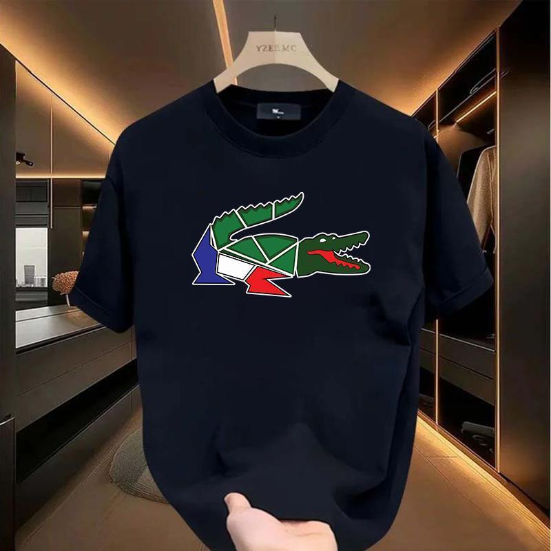 Irregular graphic crocodile T-shirt, cartoon crocodile design, unisex, men's short sleeve round neck street style T-shirt for summer and spring, casual, clothing, couple style, fashionable loose, youthful and energetic, men's daily wear tops