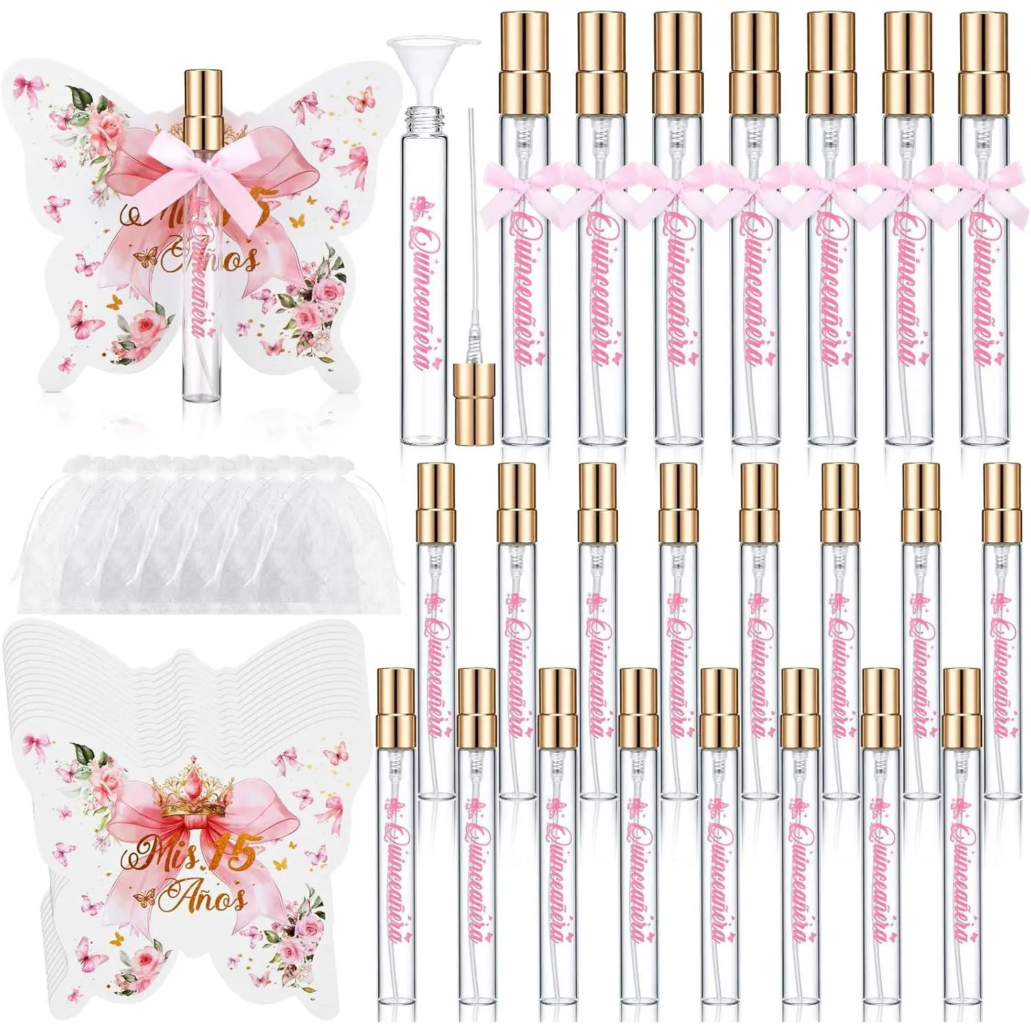 30-Pack Quinceañera Party Favors for Guests - 0.34oz Mini Spray Perfume Bottles with Butterfly Card, Funnel, and Bow - Pink
