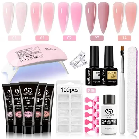 Extension Gel Kit, Professional Nail Art Kit, DIY Nail Kit, Gel Nail Kit With UV Light, Portable UV Lamp & Nail File & Nail Brush & Nail Tips & Nail Polish, Ideal for Girls' Nail Care