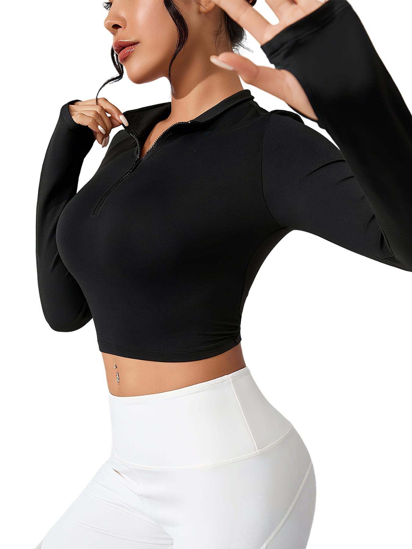 Women's Solid Thumb Hole Long Sleeve Crop Sports Tee, Casual Sporty Comfy Breathable Cropped Top for Yoga Gym Workout, Ladies Sportswear for All Seasons, Fitness Clothes Tops