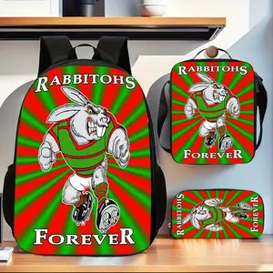 South Sydney Rabbitohs mascot three-piece school bag set, including a matching lunch bag and pencil case, suitable for daily schoolwork and weekend outings