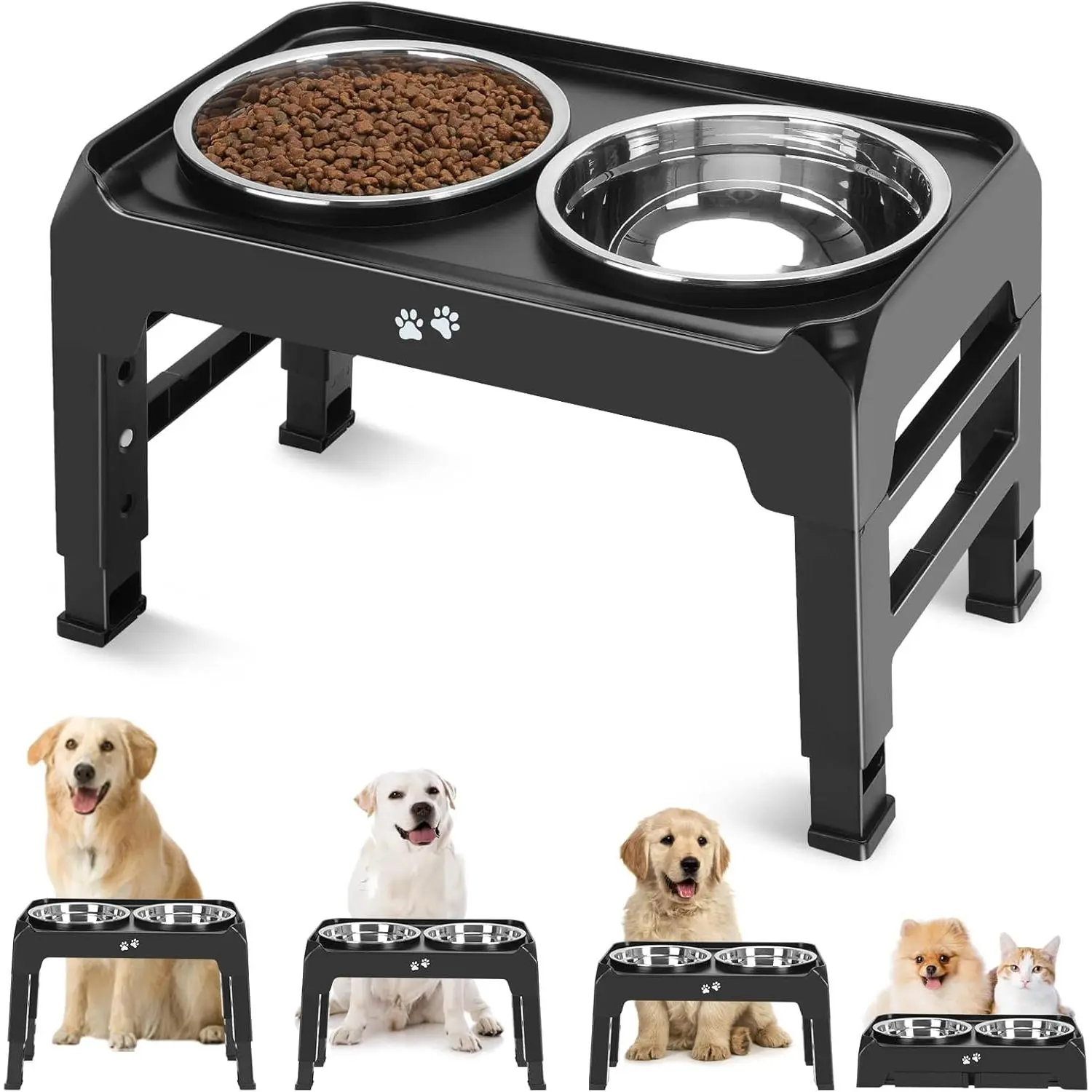 Elevated Dog Bowls, 4 Height Adjustable Raised Bowl Stand with 2 Thick 50oz Stainless Steel Food Bowls Non-Slip Feeder Adjusts to 3.7'', 9.2'', 10.75'', 12.36'' Black, (DB-W01)