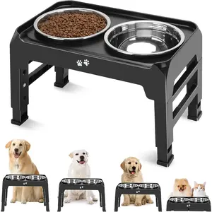 Elevated Dog Bowls, 4 Height Adjustable Raised Bowl Stand with 2 Thick 50oz Stainless Steel Food Bowls Non-Slip Feeder Adjusts to 3.7'', 9.2'', 10.75'', 12.36'' Black, (DB-W01)