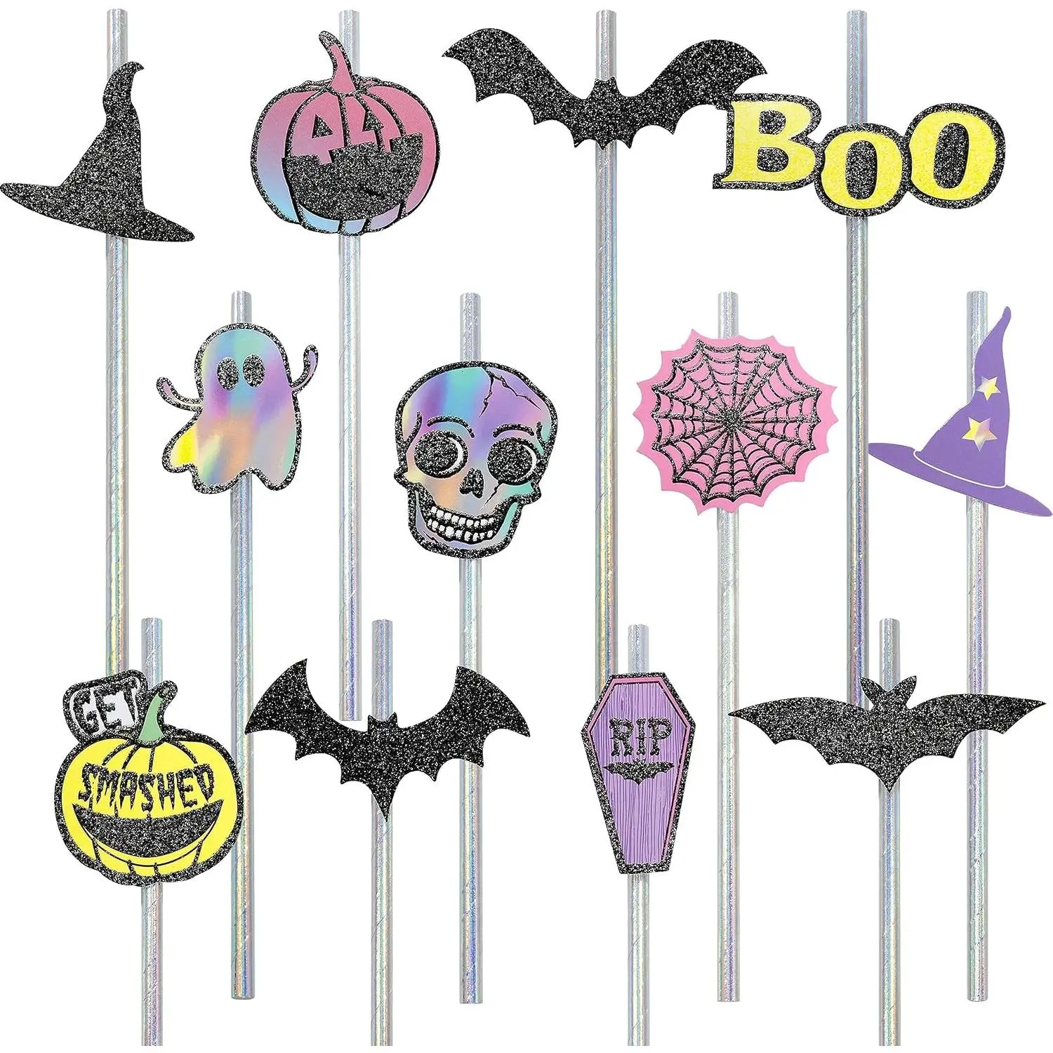 Pastel Halloween Straws Iridescent Paper Disposable Drinking Straw  Beverages  Bat Pumpkin Skull For Spooky Birthday Pastelween  Shower Decor Summerween Party Supplies 36 count