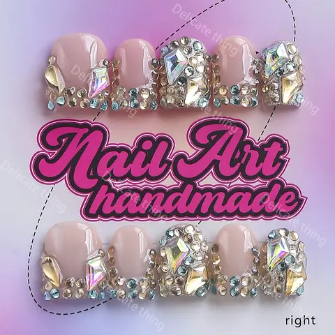 Y2K Style Square Press-On Nails, 10-Piece Handmade False Nails, XS-S-M-L Sizes, Perfect for Parties & Dates, Includes Jelly Glue, Nail Stick & File