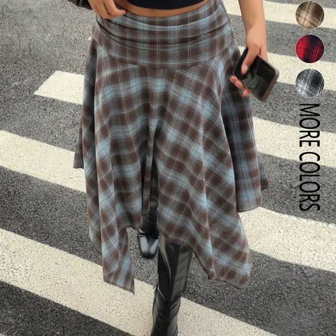 Women's Casual Stylish Plaid Pattern Midi Skirt, Suitable for Dates and Daily Wear, Versatile Asymmetrical Hem Skirt