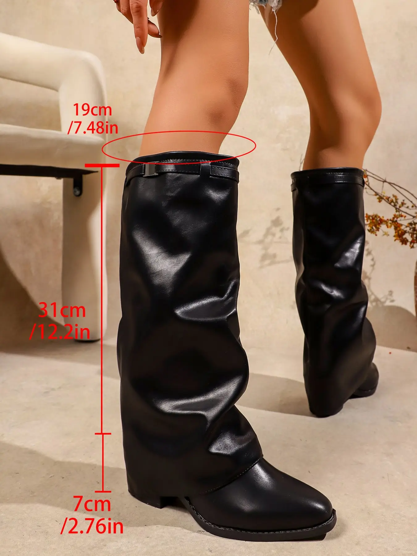 Women's Fashion Faux Leather Low Heel Boots, Casual Belted Knee High Boots, Round Toe Rubber Sole, Fall & Winter Style, Pull on Boots, Trendy Boots