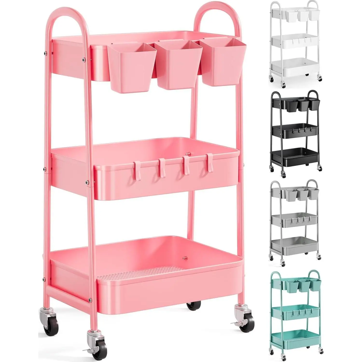 3 Tier Rolling Cart with Lockable Wheels and Handle, Tiered Pink Trolley Cart on Wheels, Organizer for,, Teachers, Art, Crafts, Baby Diaper, Snack, Nail