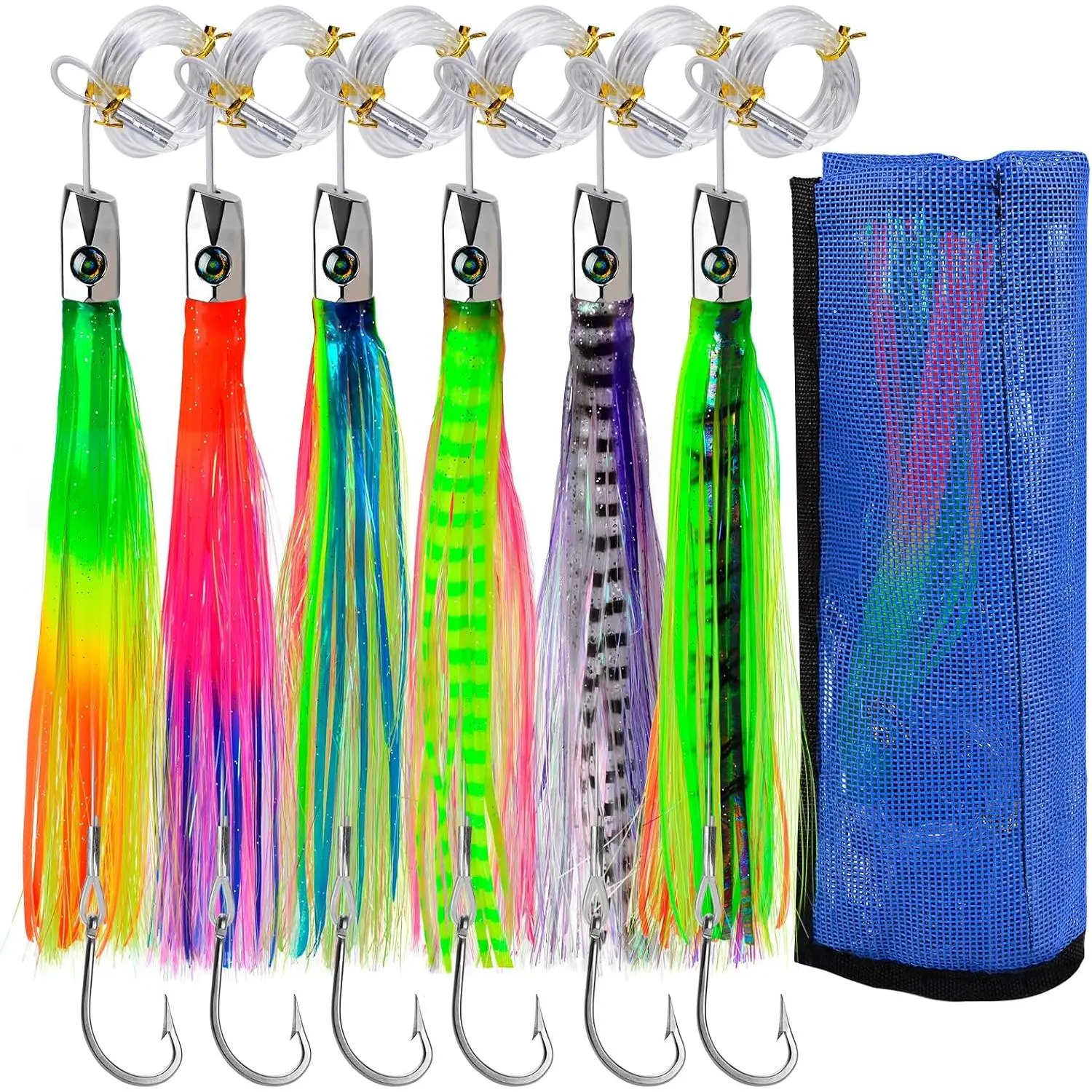 Fishing Trolling Lures - Big  Deep Sea Fishing Saltwater Rigged Trolling Lure for Marlin Tuna Wahoo Mahi Dolphin - 6-9 inch 6 count  Set with Mesh Bag