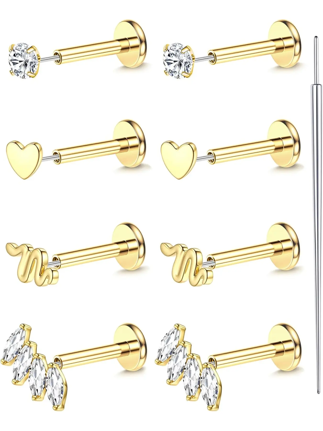 Threadless Flat Back Earrings Studs, 316L Surgical Steel Nose Ring, 20g-16g Cz Tragus Cartilage Helix Conch Lip Labret Jewelry, Piercing Jewelry