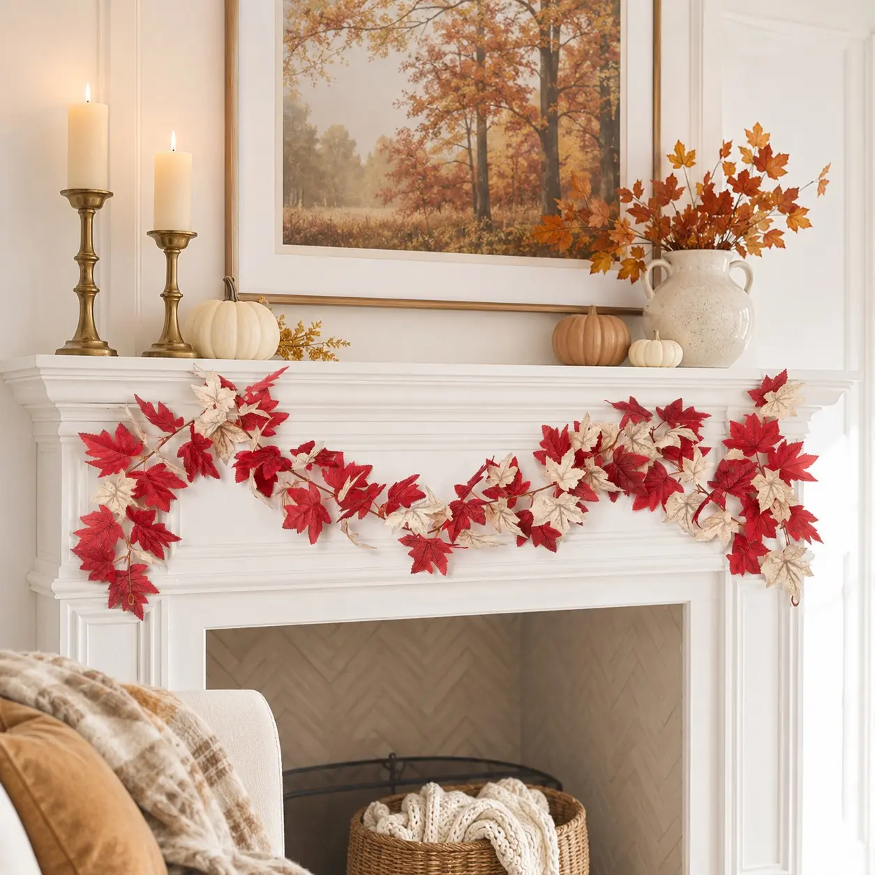 1 Pieces 66.9in Red & White Maple Leaf Garland, Artificial Fall Leaves Vine for Fireplace Mantel, Doorway, Table Runner, Thanksgiving Wedding & Farmhouse Decor