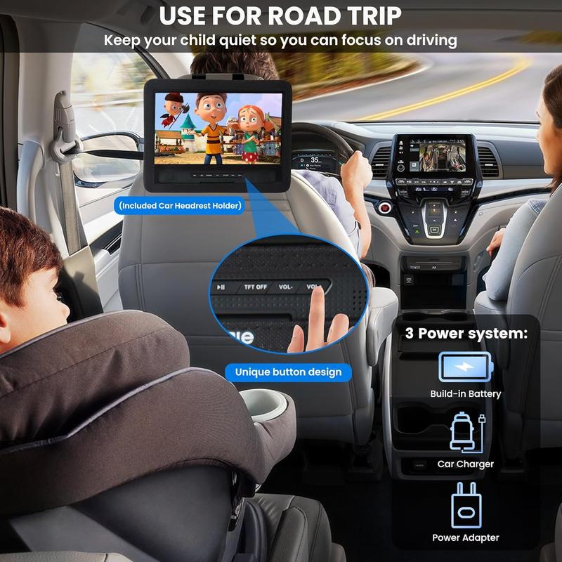 12.5" Portable DVD Player for  with 10.5" Swivel Screen, 5 Hours Rechargeable ,  DVD Player with Headrest Mount, Dual Speakers, Remote Control, Support USB/SD Card/Sync TV