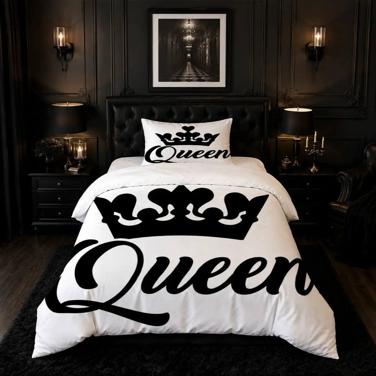 2/3Pcs Minimalist Queen Crown Letter Duvet Cover Set, Modern Luxury Single Side HD Printed Soft Bedding (1 Cover + 1/2 Pillowcases Without Comforter & Pillow Insert), Chic Decor for Women Bedroom Dorm & Queen Themed Presents
