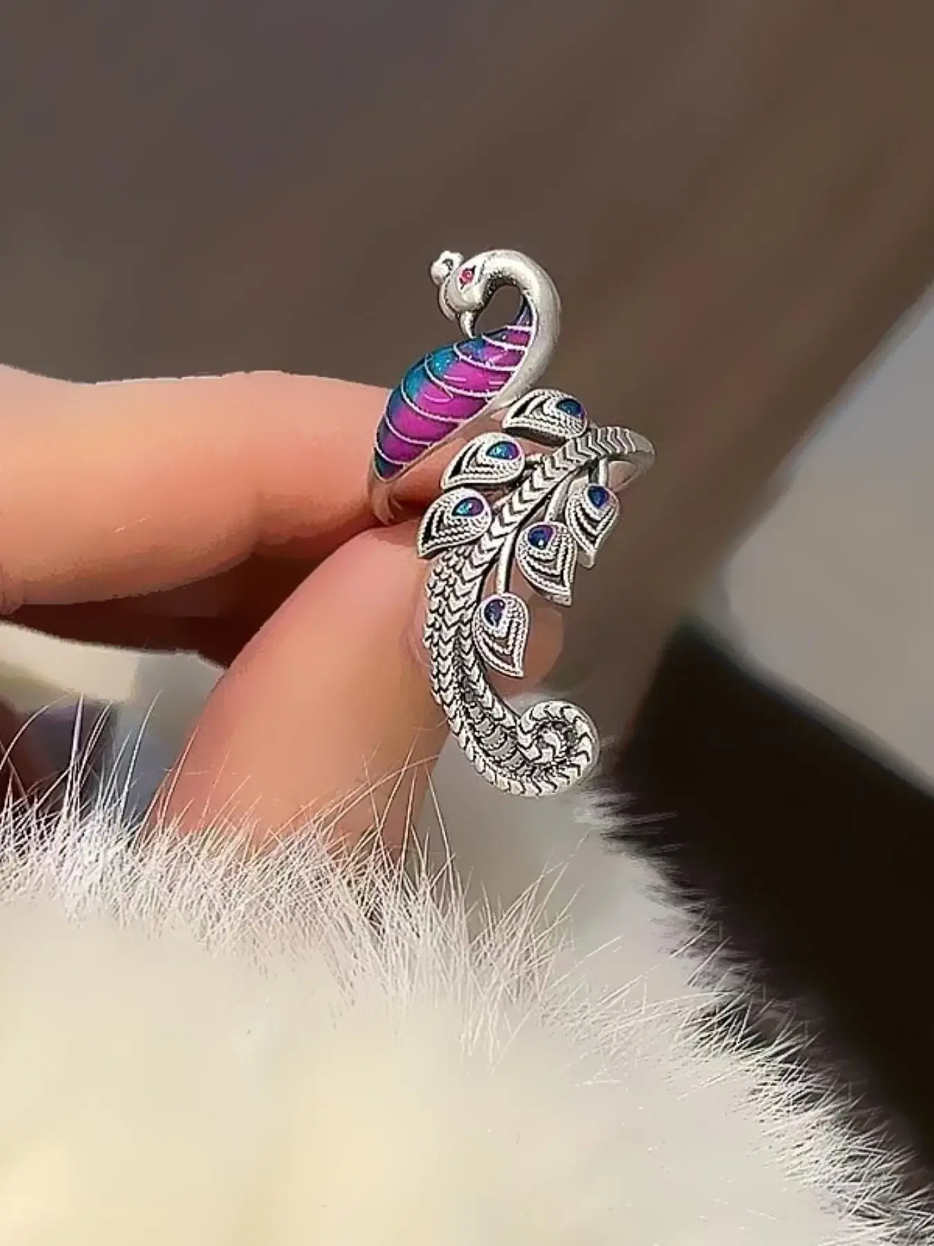 Women's Peacock Ring, Boho Style, Animal Pattern, All Seasons, Metal Chain, Plated with Precious Metal, Elegant and Colorful