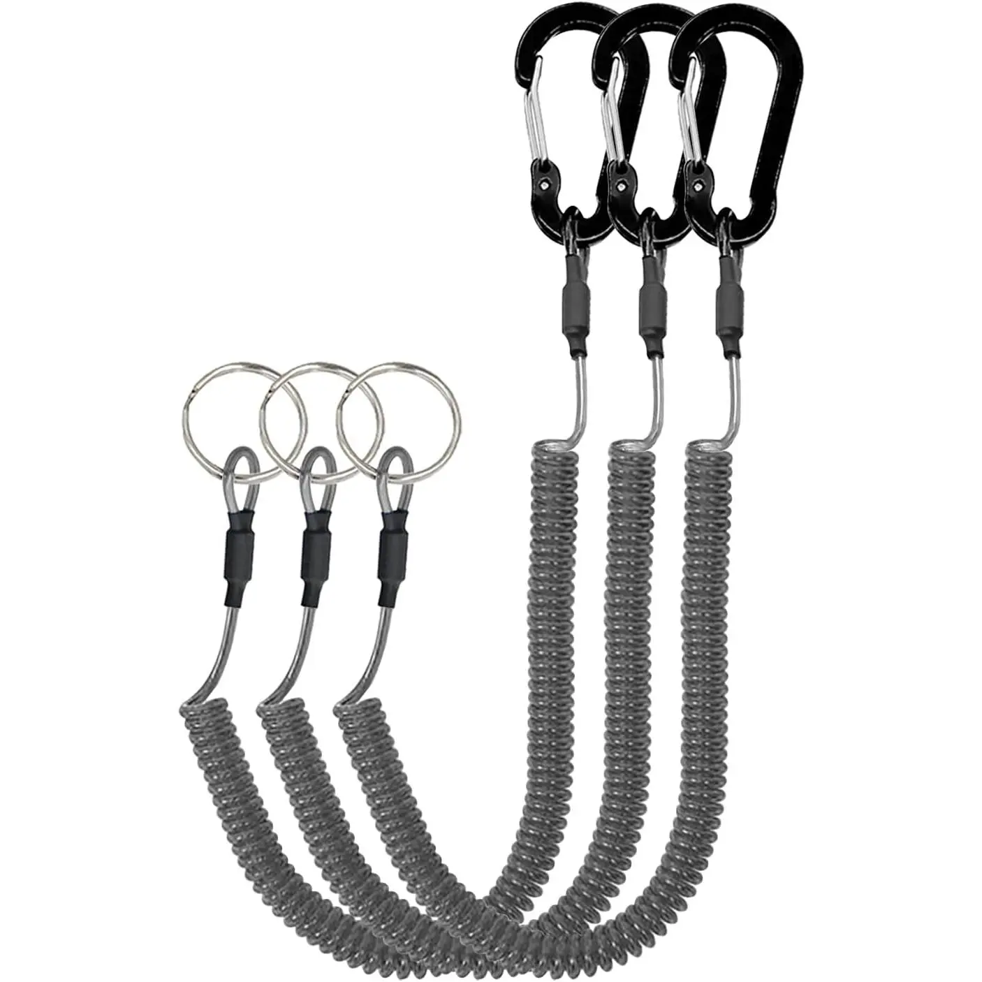 Retractable Coiled Lanyards with Carabiner Clips | , Rustproof, Black Blue Green Red Yellow , 3 count/6pcs